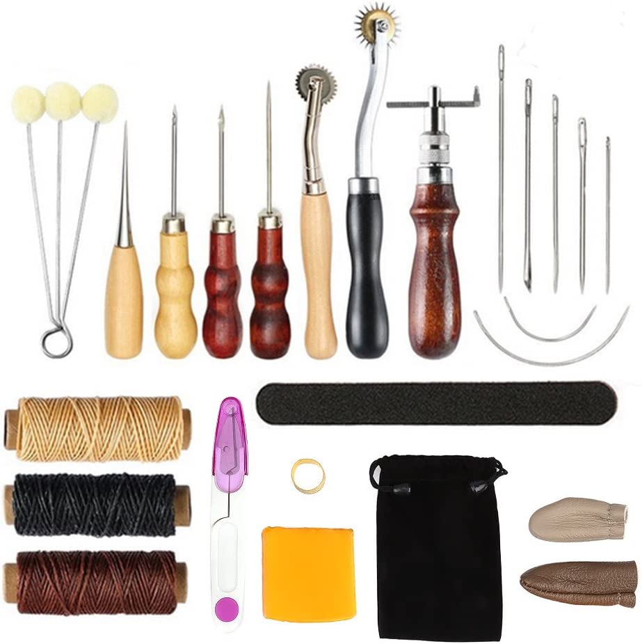 17 Pcs Leather Tools DIY Hand Stitching Kit with Groover Awl Waxed Thimble Thread for Sewing image 0