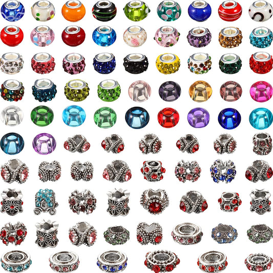 84 Pieces Assorted European Craft Beads Large Hole Glass Spacer Beads Crystal Colorful Antique Silver Beads Rhinestone European Lampwork Beads for DIY Necklace Bracelet Jewelry Crafts Making image 0
