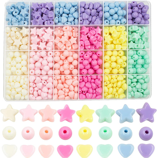 720Pcs Candy Color Acrylic Heart Beads Star Beads Round Beads, Colorful Assorted Plastic Pastel Beads Heart Star Circle Shape Cute Loose Beads Bulk for Bracelets Jewelry Making DIY Crafts Necklace image 0