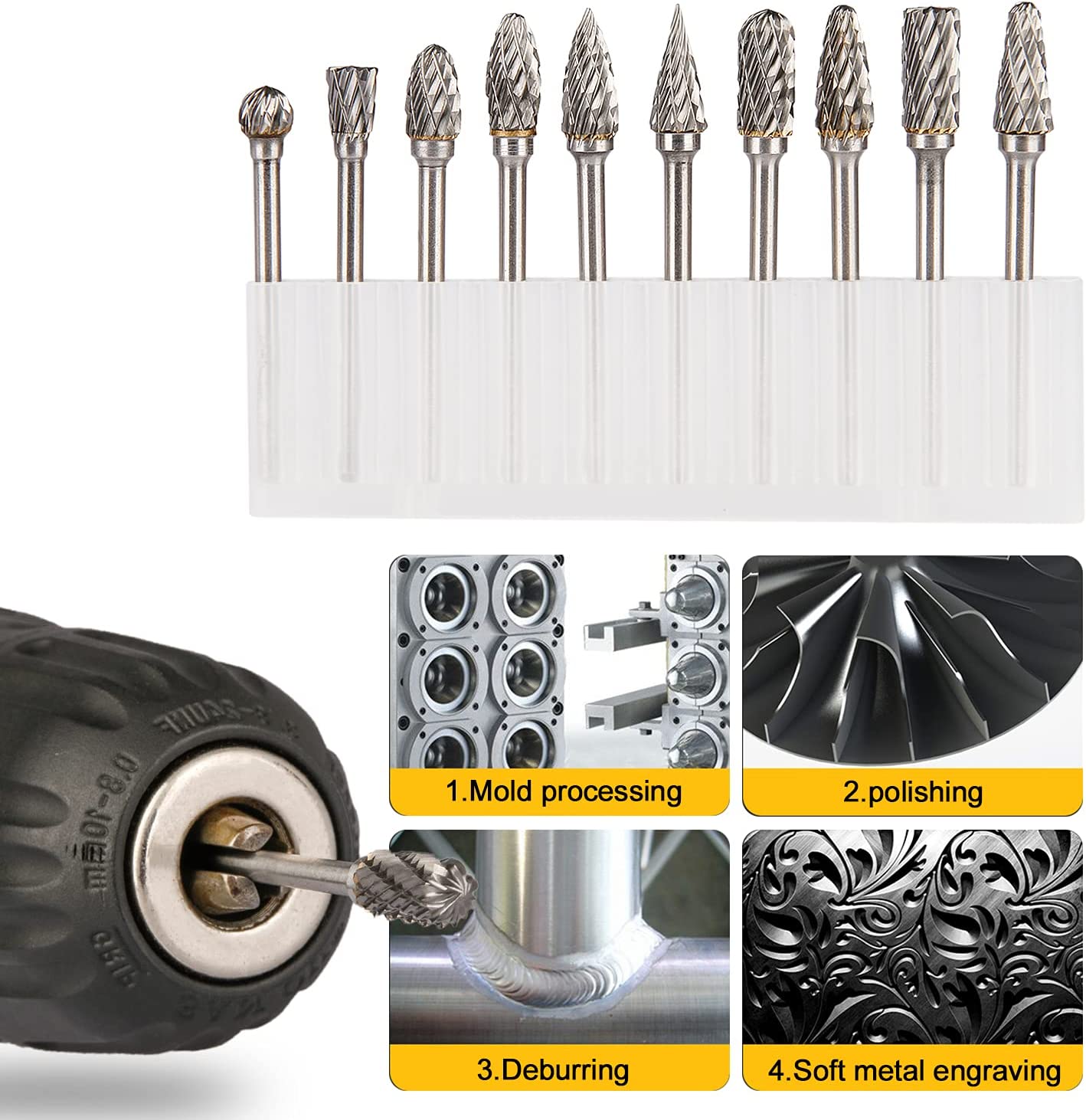 HOMEIDOL Carbide Burr Set Die Grinder Bits Rotary Tool Bits 1/8" Shank 10 PC Double Cut Wood Carving Accessories Cutting Burrs Metal Grinding Engraving Polishing Porting Trimming image 6