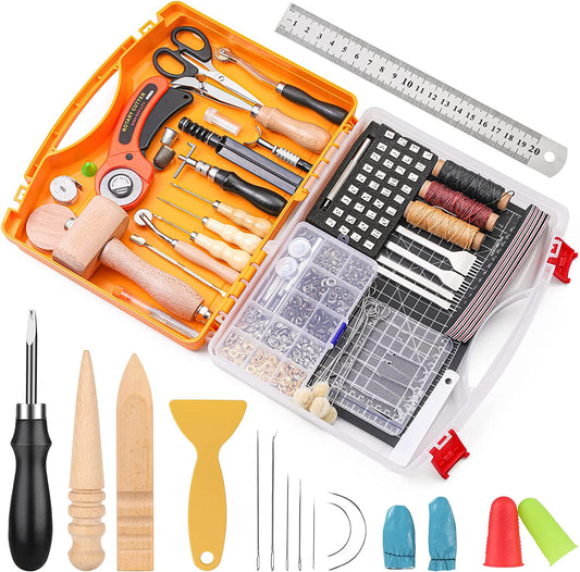 185 Pcs Leather Working Tools, Leather Working Tools and Supplies, Kit with Rotary Cutter and Mat, Hammer Stamping Tools, Awl, Tape Measure, Hand Stitching Tool Set for Sewing Leather Craft image 0