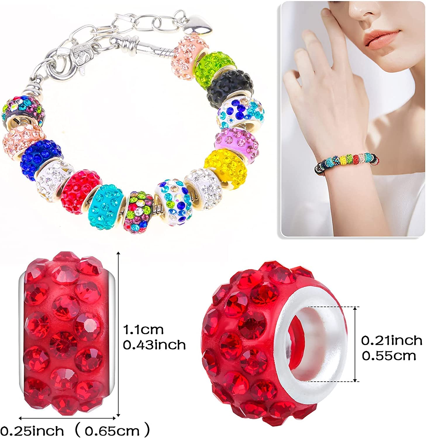 200 PCS European Beads Bulk for Jewelry Making,Cludoo Large Hole Beads Spacer Beads with Mixed Color Rhinestone Charms Beads for DIY Craft Bracelet Necklace Earring Making image 3