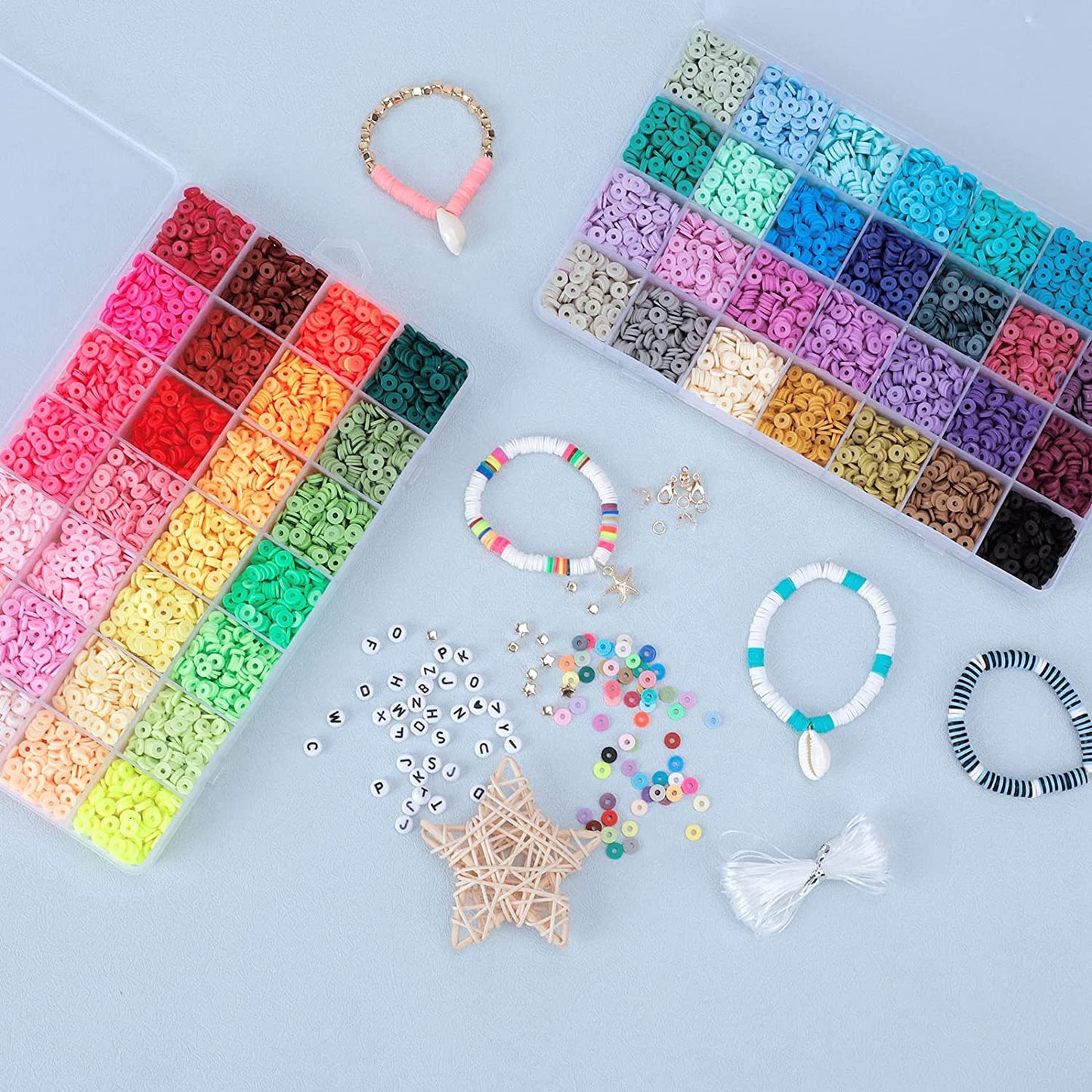 QUEFE 14420pcs Clay Beads for Bracelet Making Kit, 56 Colors Spacer Heishi Beads Flat Round Polymer Clay Beads with Pendant Charms Kits and Elastic Strings image 4