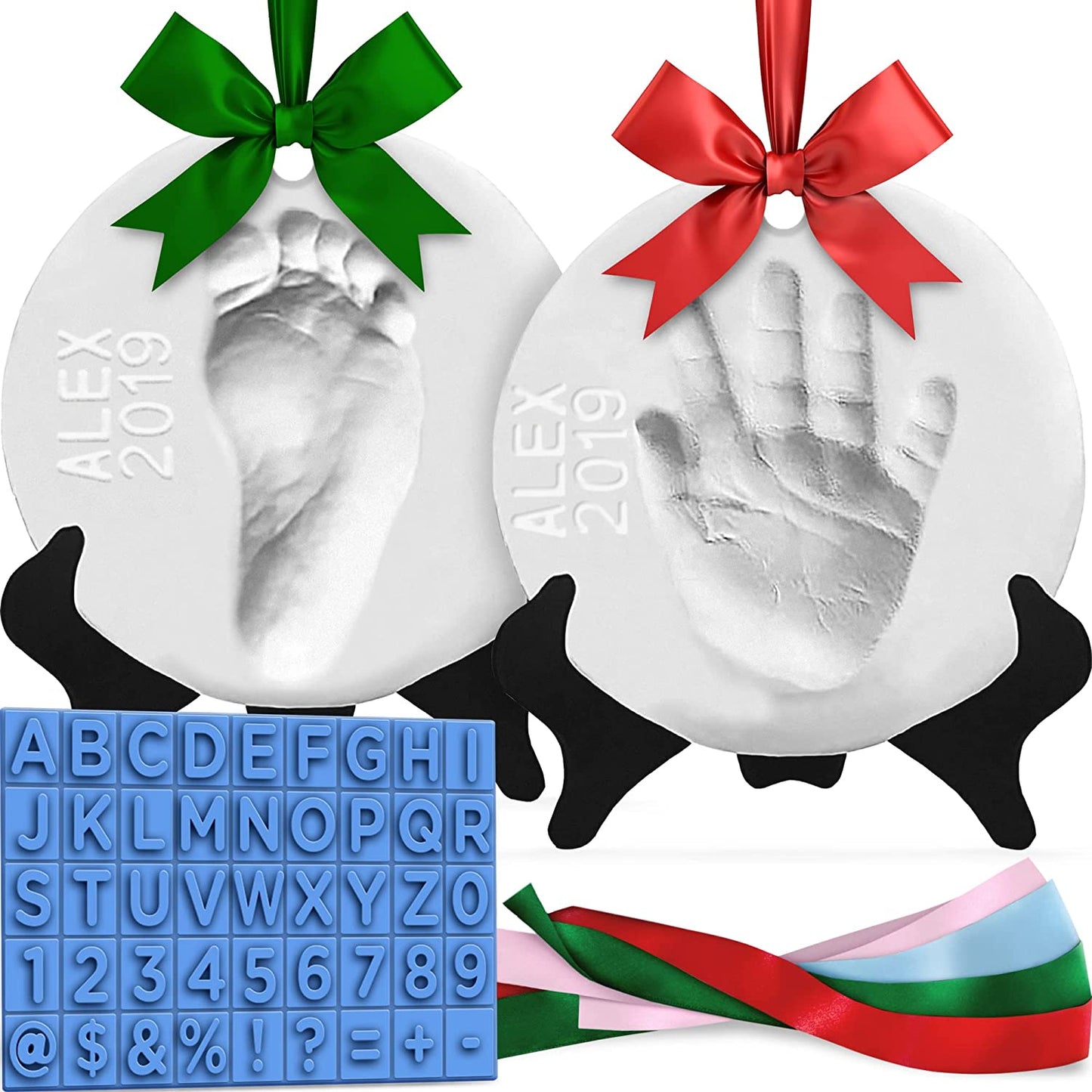 Luna Bean Baby Hand and Footprint Kit - Perfect Baby Keepsake Homemade Ornament Kits for Christmas - Baby Footprint Kit &amp; Inkless Hand and Footprint Kit Holiday Gift - 2Pack W/Ribbons &amp; Easels image 0