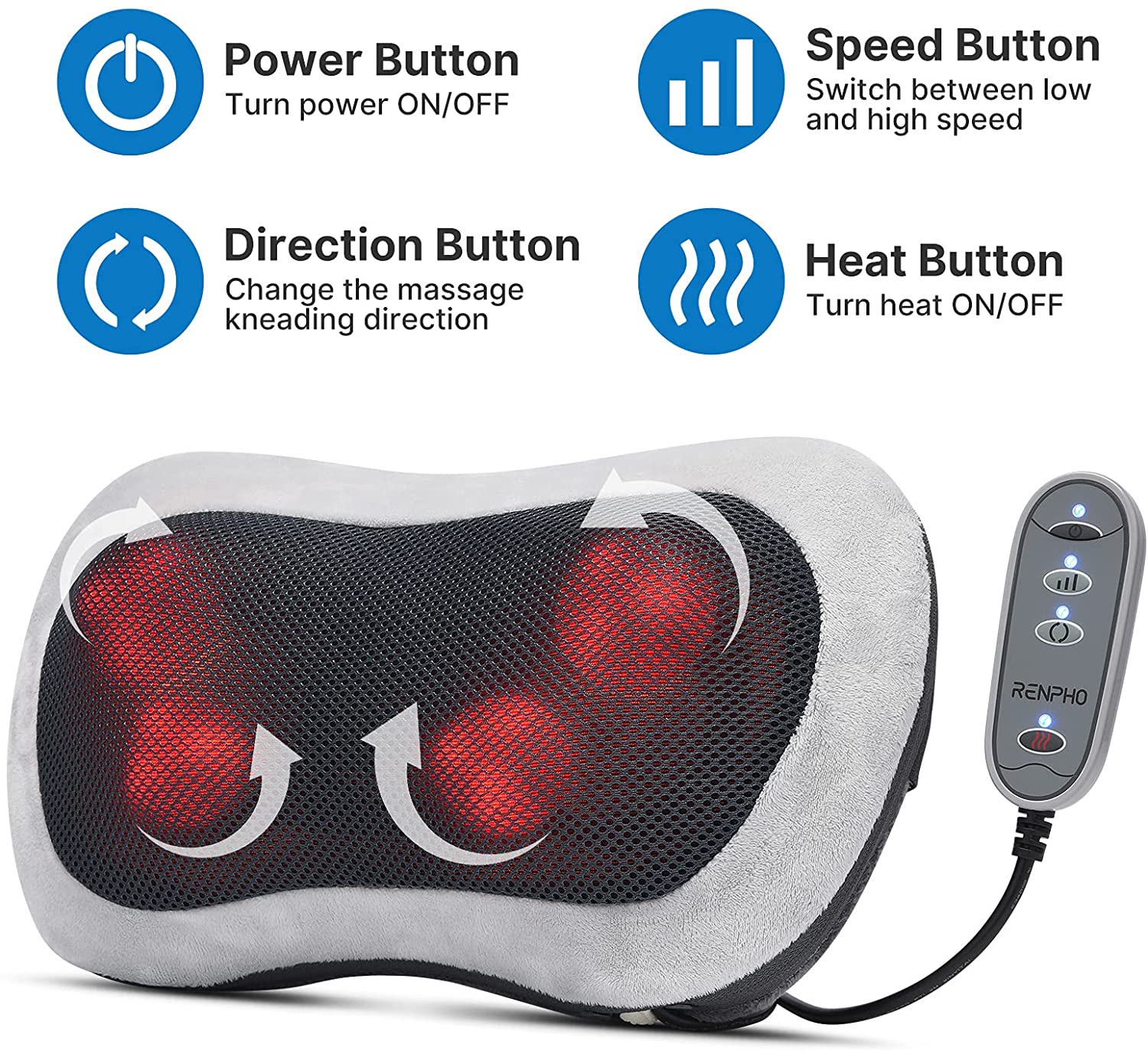 RENPHO Back Massager with Heat, Shiatsu Massage Pillow with Deep Tissue Kneading for Neck Lower Back Shoulder, Relaxation Gifts for Mom Dad, Use at Home Office image 4