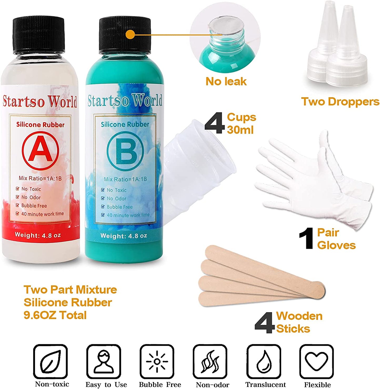 Startso World Mold Making Kit, 20A Turquoise Platinum RTV-2 Liquid Silicone Rubber 9.6OZ for Casting Resin, Soap, Candle, Clay, DIY Molds-1:1 by Volume with Tool 4Cups,4Sticks,2Droppers,1 Pair Gloves image 1