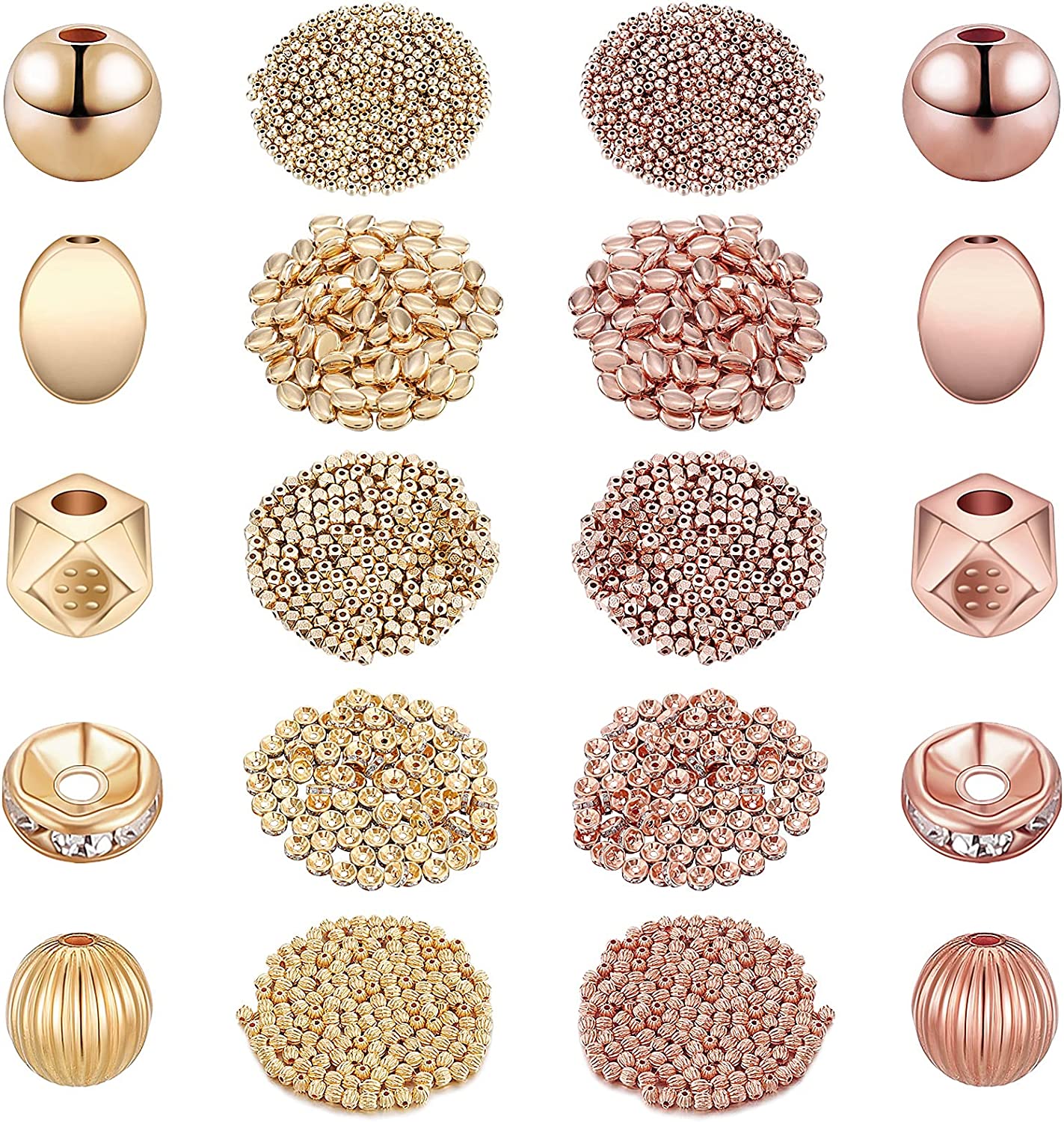 2000 Pieces DIY Assorted Spacer Beads Set Round Smooth Tiny Beads Watermelon Beads Round Rondelle Rhinestone Beads Cube Faceted Loose Beads Flat Disc Beads for Jewelry Crafts Making, Gold, Rose Gold image 0