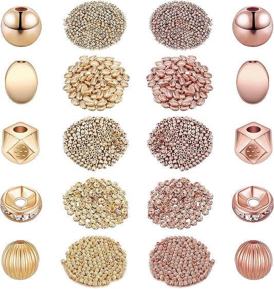 2000 Pieces DIY Assorted Spacer Beads Set Round Smooth Tiny Beads Watermelon Beads Round Rondelle Rhinestone Beads Cube Faceted Loose Beads Flat Disc Beads for Jewelry Crafts Making, Gold, Rose Gold image 0