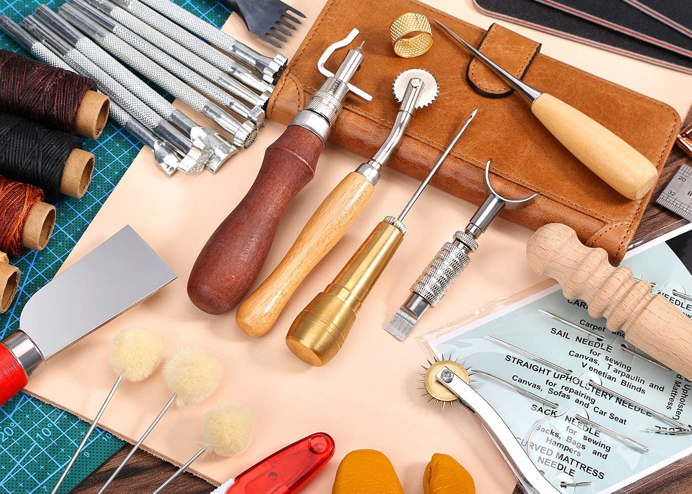 Electop Leather Working Tools Kit, Leather Crafting Tools and Supplies with Leather Stamping Tool Prong Punch Edge Beveler Cutting Mat Awl Wax Ropes Needles DIY Leather Making Stitching Sewing Kit image 8