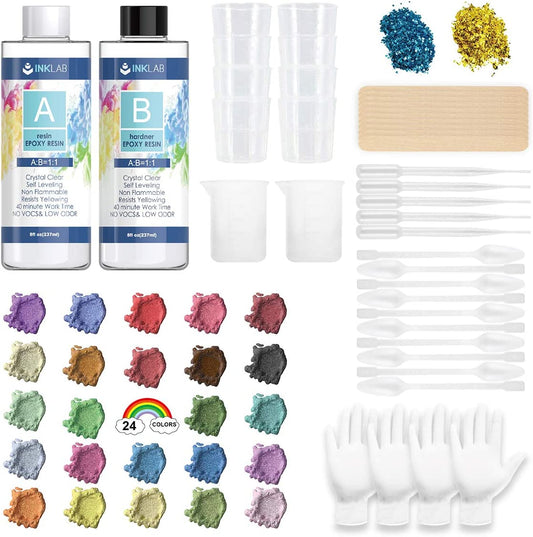 Epoxy Resin Crystal Clear Casting Kit 16 Oz Coating Resin Starter Kit for Beginners Jewelry Tumblers Arts Crafts, Mica Powders, Mixing Sticks, Silicone Cups, Gloves, Pipettes image 0