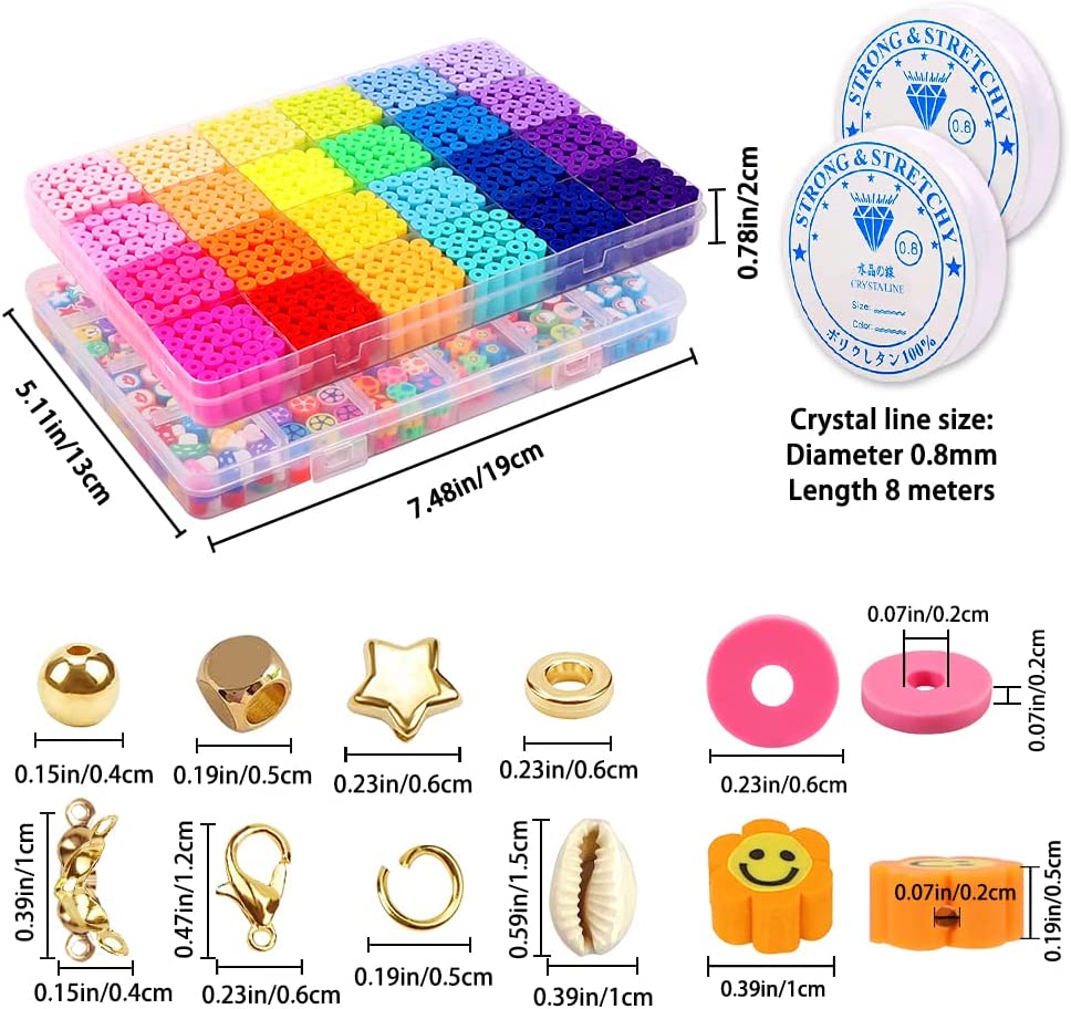 JOICEE 2 Boxes Clay Beads for Bracelets Making, Fruit Flower Smiley Polymer Clay Beads Charms with 24 Colors Flat Round Heishi Spacer Beads Kit for DIY Craft Necklace Jewelry Gift for Women Girls image 1