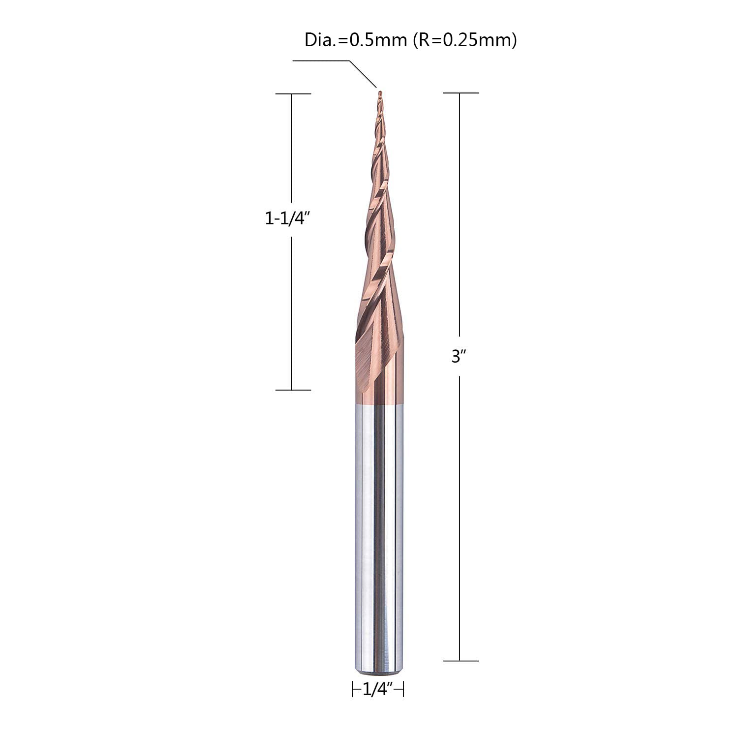 SpeTool 4Pcs Tapered Ball Nose End Mill 1/4" -3" with 0.5mm Tip Diameter (0.25mm Radius) CNC Router Bit 2D and 3D Engrave Carving Woodworking Tool image 1