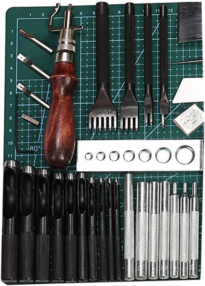 Leathercraft Working Tools Kit, Leather Craft Stamping Tools with Cutting Mat, Stitching Groover, Prong Punch, Snaps, Rivets Kit and Professional Stitching Sewing Tools for DIY Leathercraft image 5