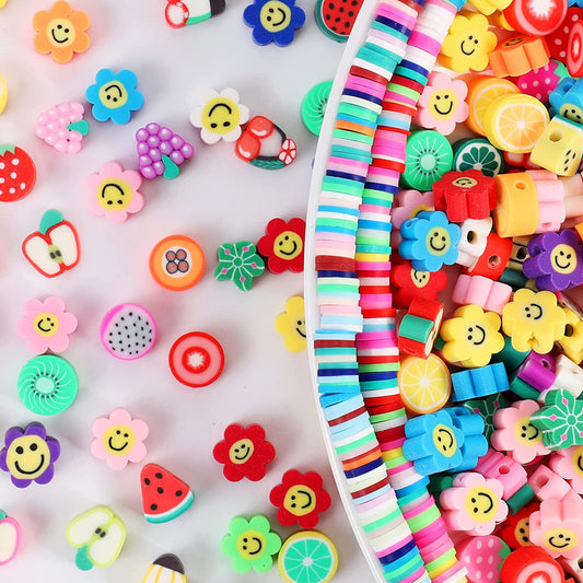 200pcs Mixed Fruit Spacer Beads Smiley Face Beads Color Polymer Clay Beads and 600Pcs Colorful Polymer Clay Beads. for DIY Jewelry Bracelet Earring Necklace Craft Making Supplies. image 0