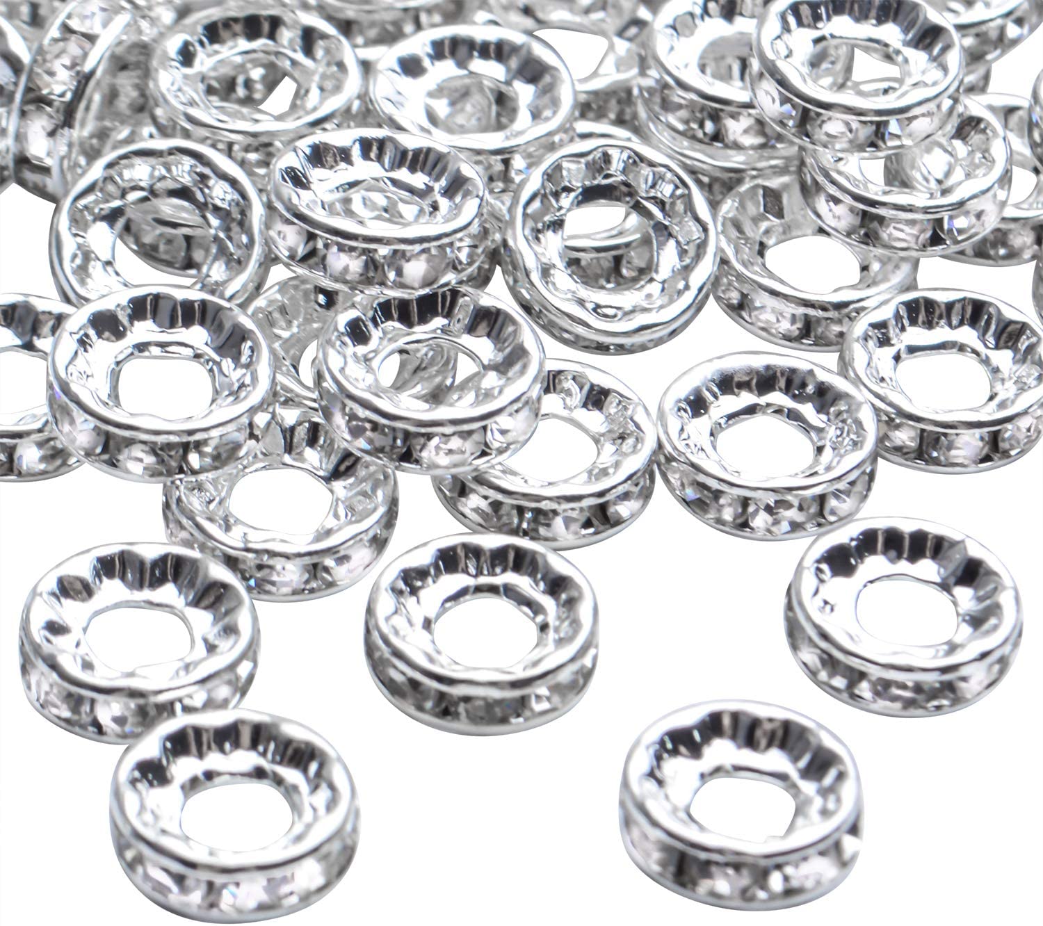 BronaGrand Rhinestone Spacer Beads,100Pcs Crystal Rhinestone Spacer Beads Large Hole European Beads Metal Beads Supplies for DIY Bracelet Necklace Jewelry Making image 3
