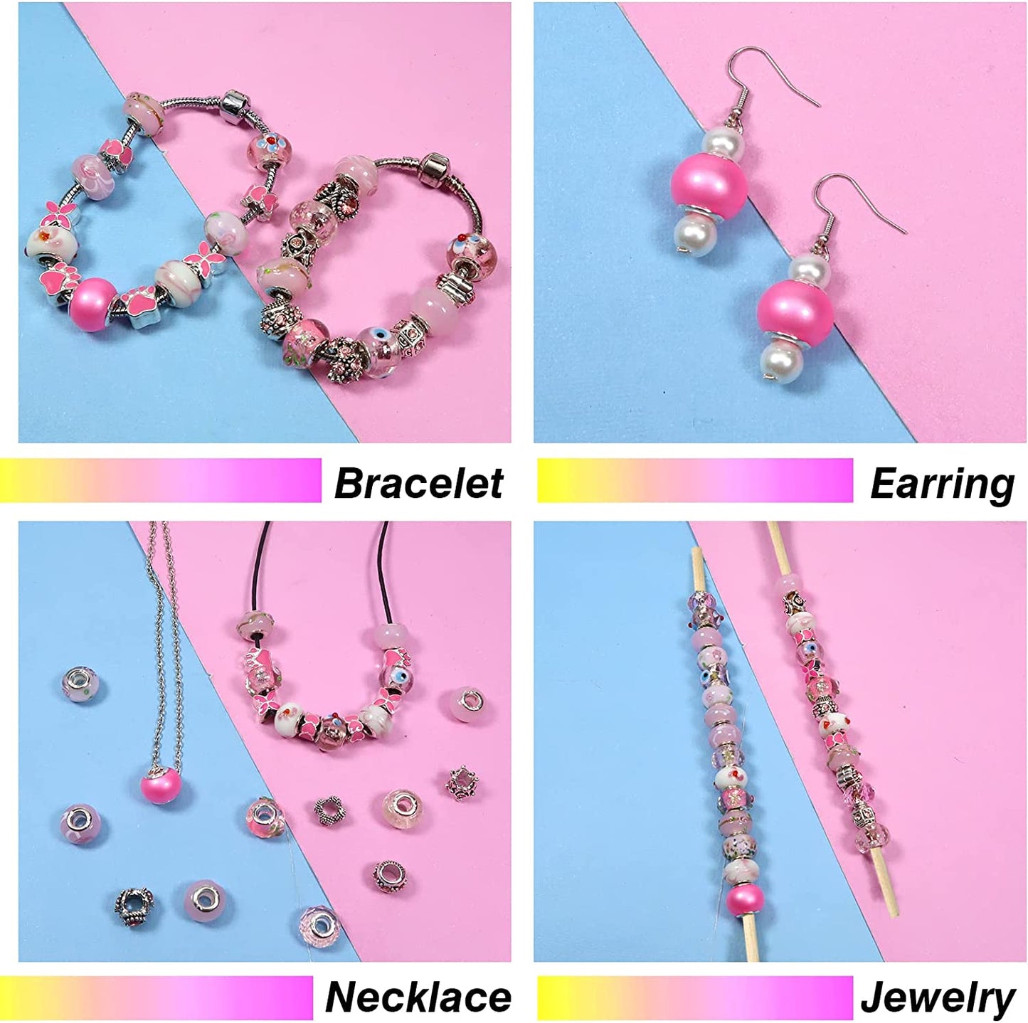 TOAOB 50pcs Pink European Large Hole Beads Spacer Glass Lampwork Craft Beads Rhinestone Metal Beads for DIY Charms Bracelet Necklace Jewelry Making image 5