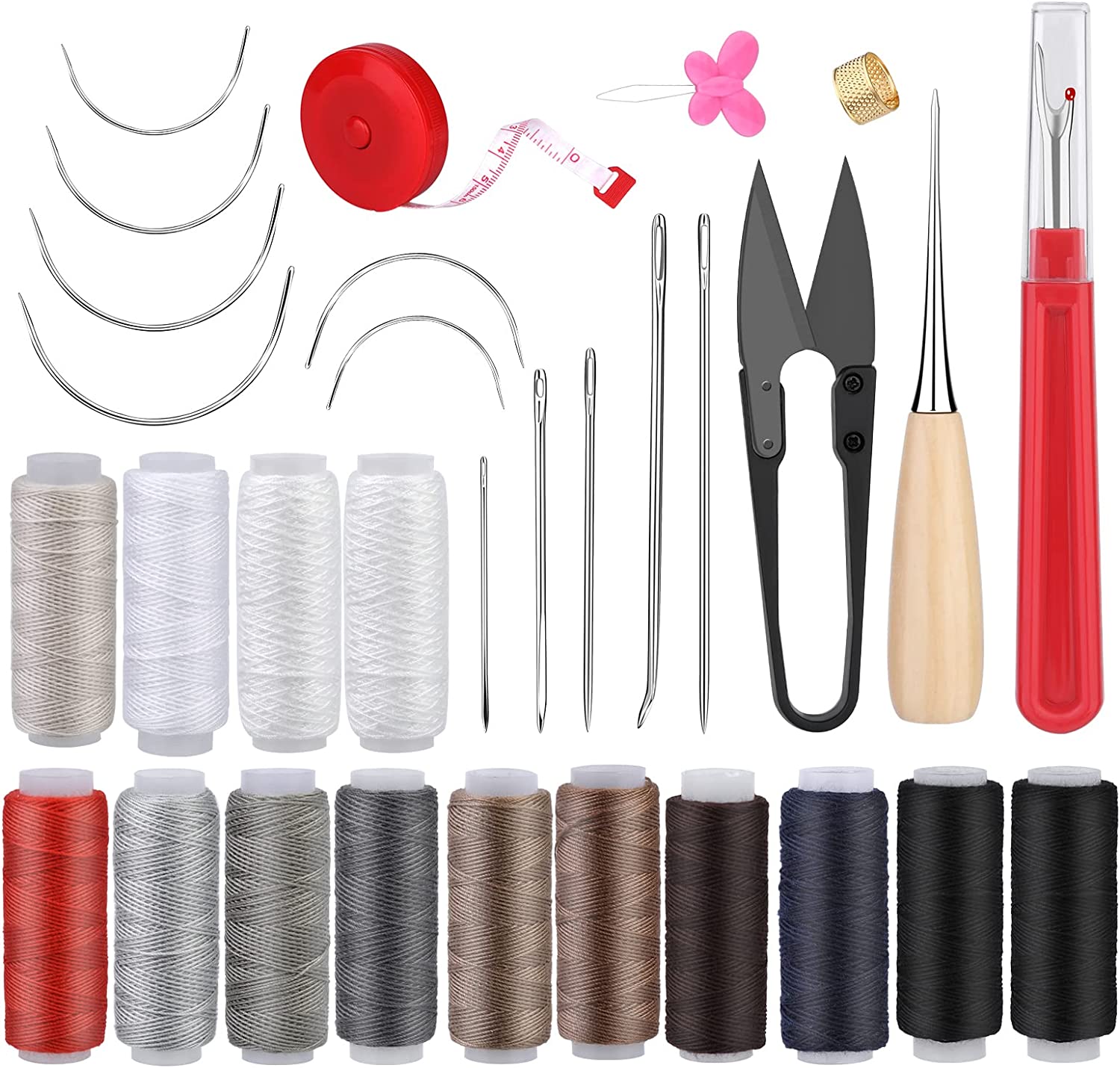 31 PCS Leather Sewing Kit, Upholstery Repair Kit, Leather Sewing Craft Tool with Curved Needle, Upholstery Thread Cord, Tape Measure, Seam Ripper, Leather Canvas Sewing Awls image 0