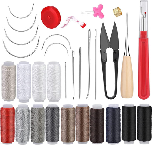 31 PCS Leather Sewing Kit, Upholstery Repair Kit, Leather Sewing Craft Tool with Curved Needle, Upholstery Thread Cord, Tape Measure, Seam Ripper, Leather Canvas Sewing Awls image 0