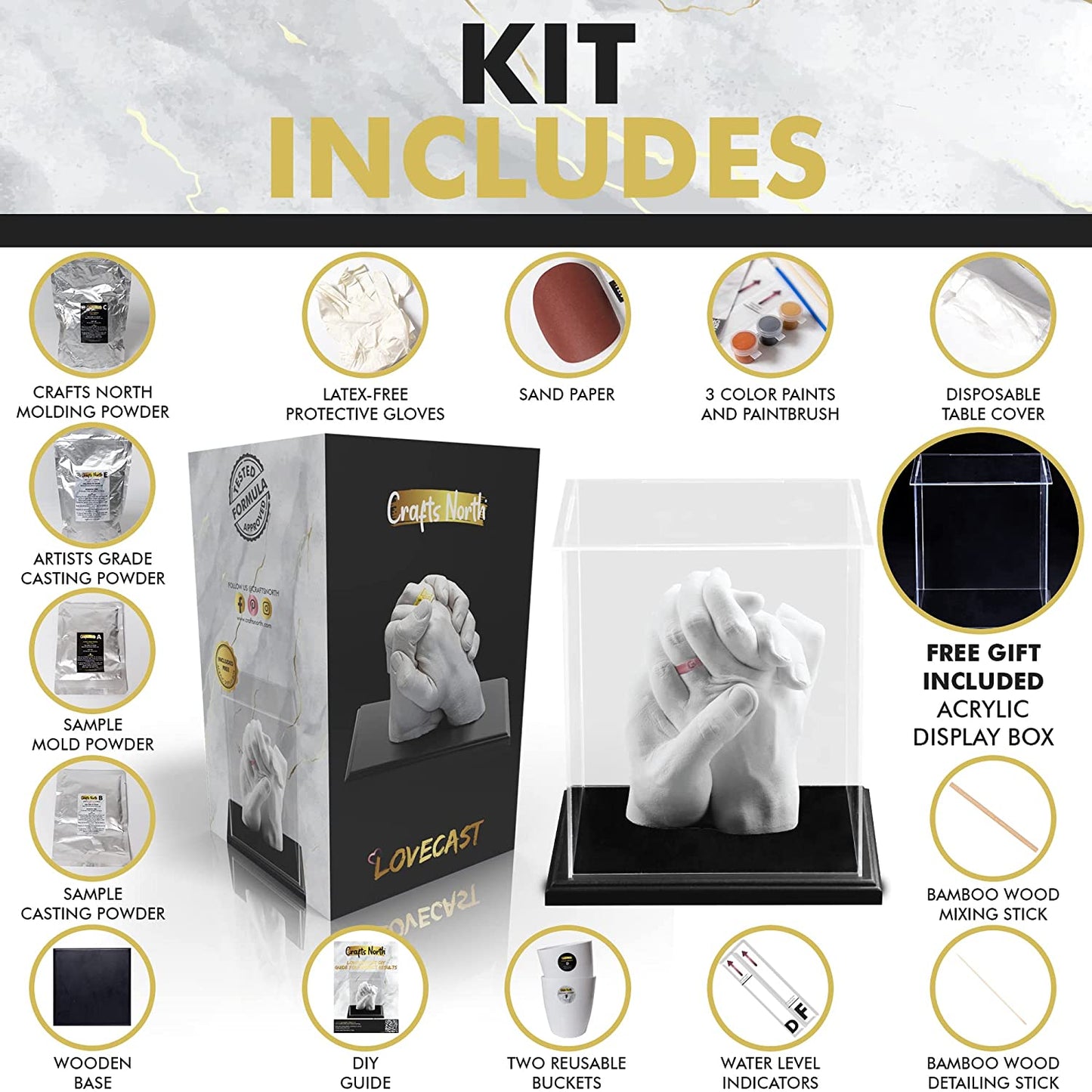 CraftsNorth Hand Casting DIY Kit for Couples | Complete kit with Acrylic Display, Wooden Base, and Step-by-Step Guide to Create a Perfect Hand molding Gift image 1