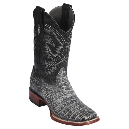 Los Altos Boots Mens #8228281 Wide Square Toe | Genuine Caiman Belly Leather Boots | Color Sahara Rustic Black image 0