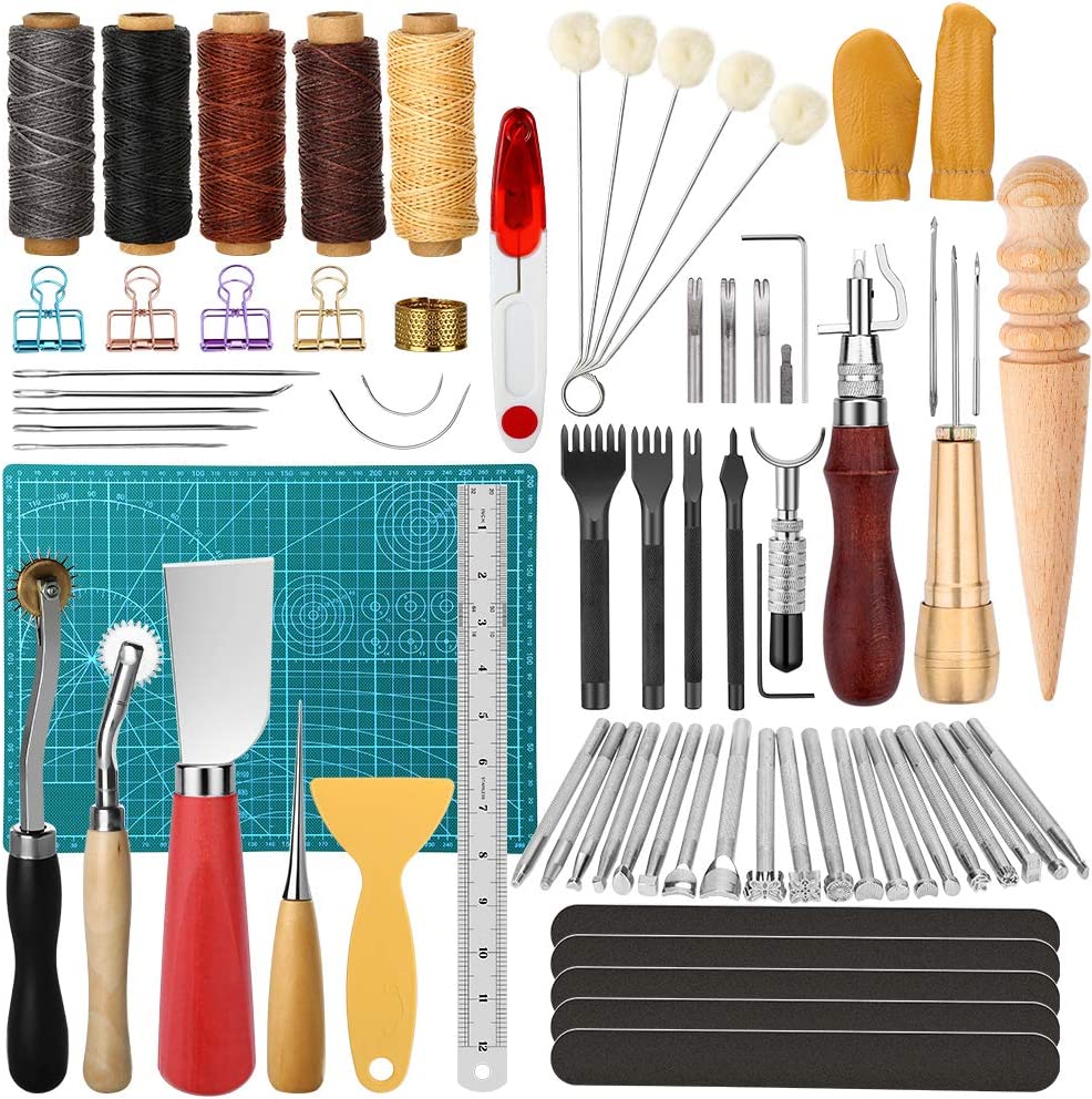Electop Leather Working Tools Kit, Leather Crafting Tools and Supplies with Leather Stamping Tool Prong Punch Edge Beveler Cutting Mat Awl Wax Ropes Needles DIY Leather Making Stitching Sewing Kit image 0