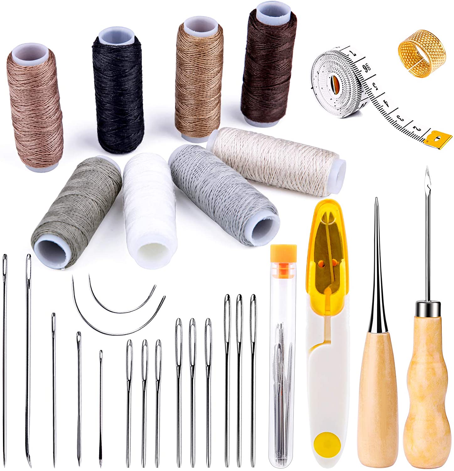 30 Pieces Leather Sewing Kit, Leather Sewing Upholstery Repair Kit with 8 Colors Sewing Thread, Leather Sewing Needles, Awl, Scissors, Thimble, and Tape Measure for Leather Sewing Repair Bookbinding image 0