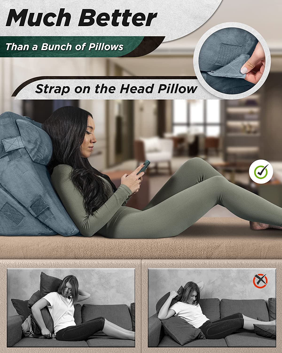 Lunix LX6 3pcs Orthopedic Bed Wedge Pillow Set, Post Surgery Memory Foam for Back,Leg and Knee Pain Relief. Sitting Pillow for Reading, Adjustable Pillows for Acid Reflux and GERD for Sleeping Navy image 3