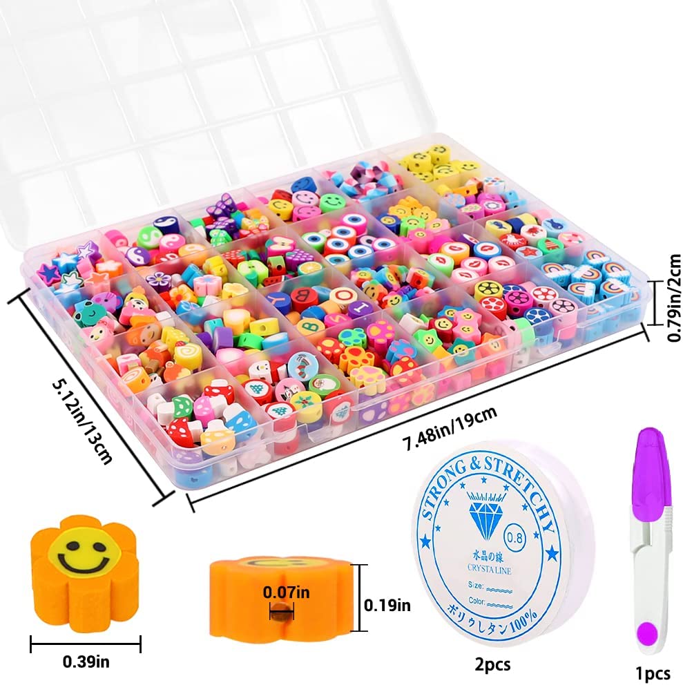 JOICEE 480PCS Fruit Flower Polymer Clay Beads, 24 Style Cute Smiley Heart Mushroom Clay Beads Charms for Jewelry Necklace Earring Making, DIY Bracelet Making Kit Accessories for Women Girls image 1