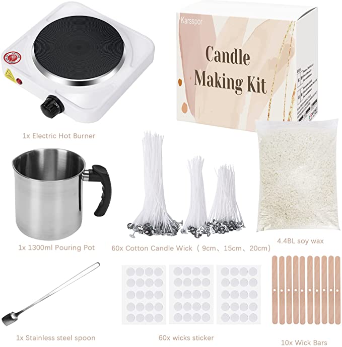 Karsspor Candle Making Kit with Electric Hot Plate, 135 PCS Basic Soy Candle Making with 1 KG Soy Wax, Candle Making Melting Pot, Candle Wax and Cotton Wicks, Candle Making Kit for Beginners Adult image 1