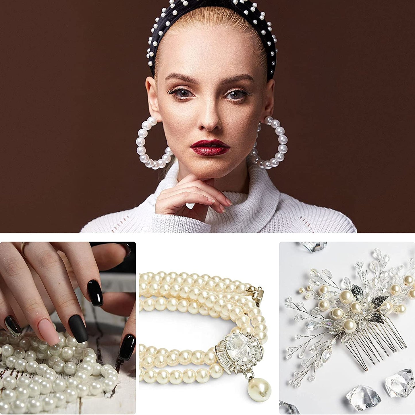 1400 Pieces Craft Pearl Beads with Holes Assorted Size Loose Faux Plastic Pearls 3 mm 4 mm 5 mm 6 mm 8 mm 10 mm 12 mm Full Round Spacers for Jewelry Making Sewing Crafting (White) image 3