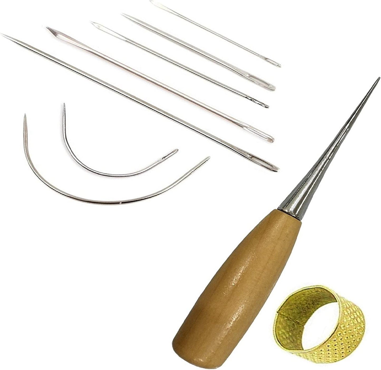 11 Pieces Repair Leather Craft Tool, 7 Pieces Curved Upholstery Hand Sewing Needles Sewing Needles with Leather Waxed Thread Cord 1 Brown 1 Black and Drilling Awl and Thimble for Leather Repair image 6