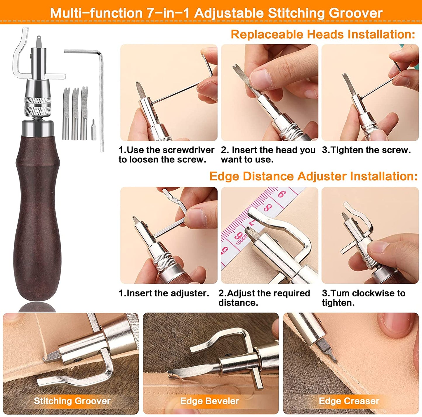 50 Pieces Leather Working Tools and Supplies with Leather Tool Box Prong Punch Edge Beveler Wax Ropes Needles Perfect for Stitching Punching Cutting Sewing Leather Craft Making image 3