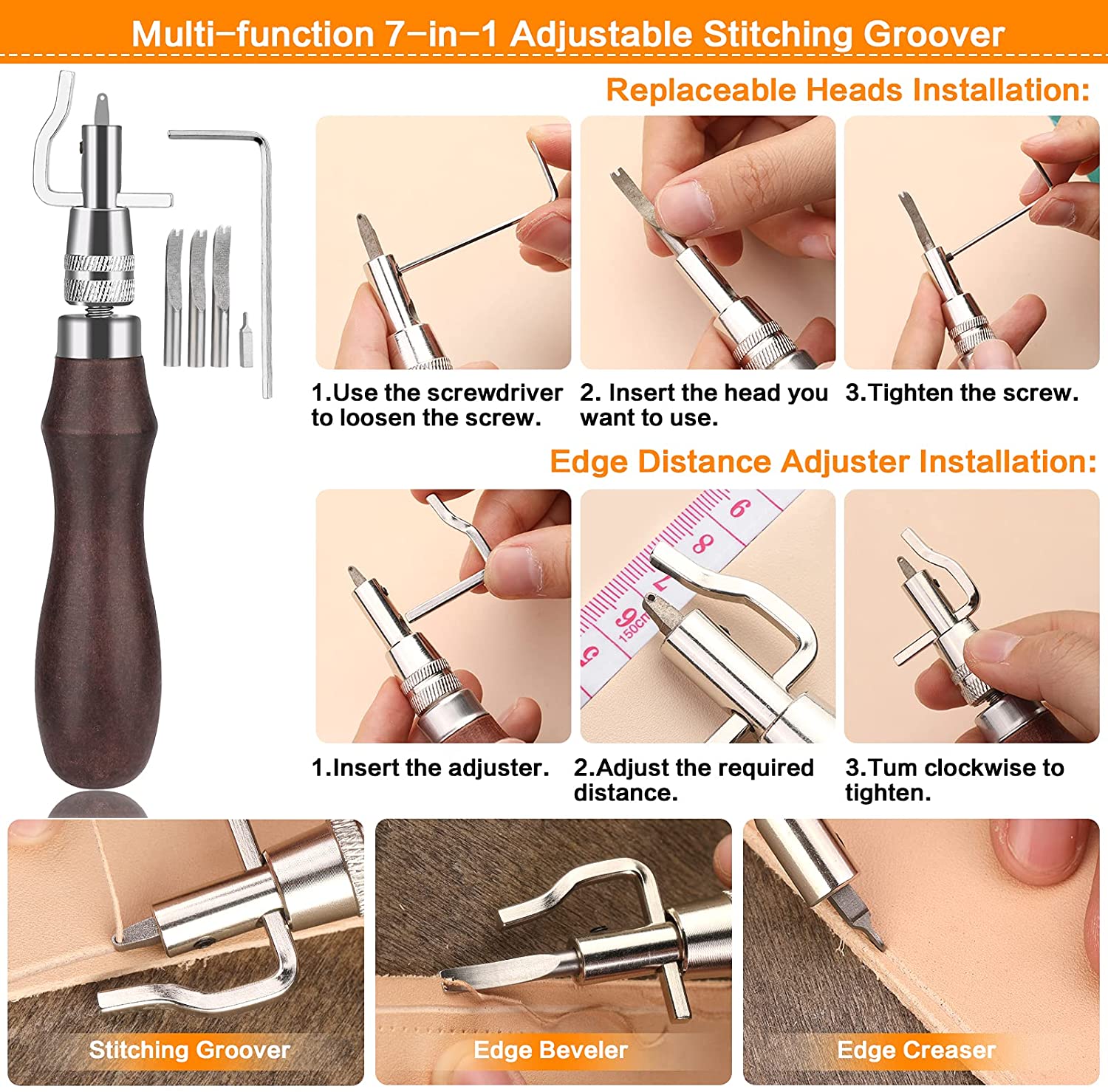 50 Pieces Leather Working Tools and Supplies with Leather Tool Box Prong Punch Edge Beveler Wax Ropes Needles Perfect for Stitching Punching Cutting Sewing Leather Craft Making image 3