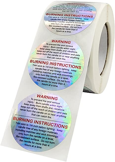 PMCDS2G Candle Warning Labels 1.5" Candle Jar Container Stickers 500 Pieces Per Roll Waterproof Candle Safety Labels Sticker Decal for Candle Jars,Tins and Votives (Holographic) image 0