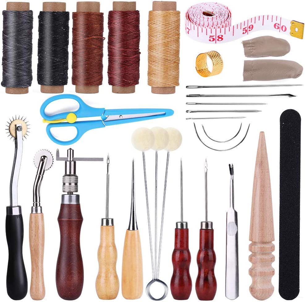 Jmuiiu 29Pcs Leather Sewing Repair Upholstery Kit, 5 Colors Waxed Thread, Leather Hand Sewing Needles with Leather Groover, Sewing Awl, and Other Leather Tools for Beginners Leather DIY image 0