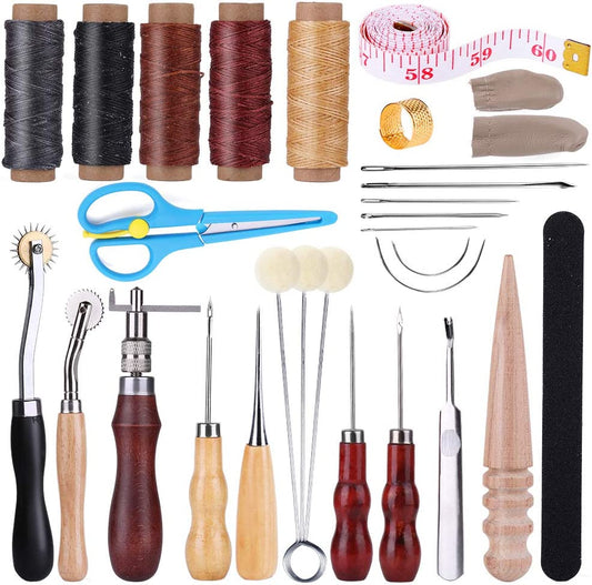 Jmuiiu 29Pcs Leather Sewing Repair Upholstery Kit, 5 Colors Waxed Thread, Leather Hand Sewing Needles with Leather Groover, Sewing Awl, and Other Leather Tools for Beginners Leather DIY image 0