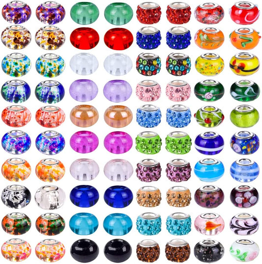 100 PCS Assorted European Beads with Copper Core Big Hole Glass Spacer No Copper Core Lampwork Colorful Beads Rhinestone Craft Beads for DIY Charm Bracelet Jewelry Making (Patterns by Hand) image 0