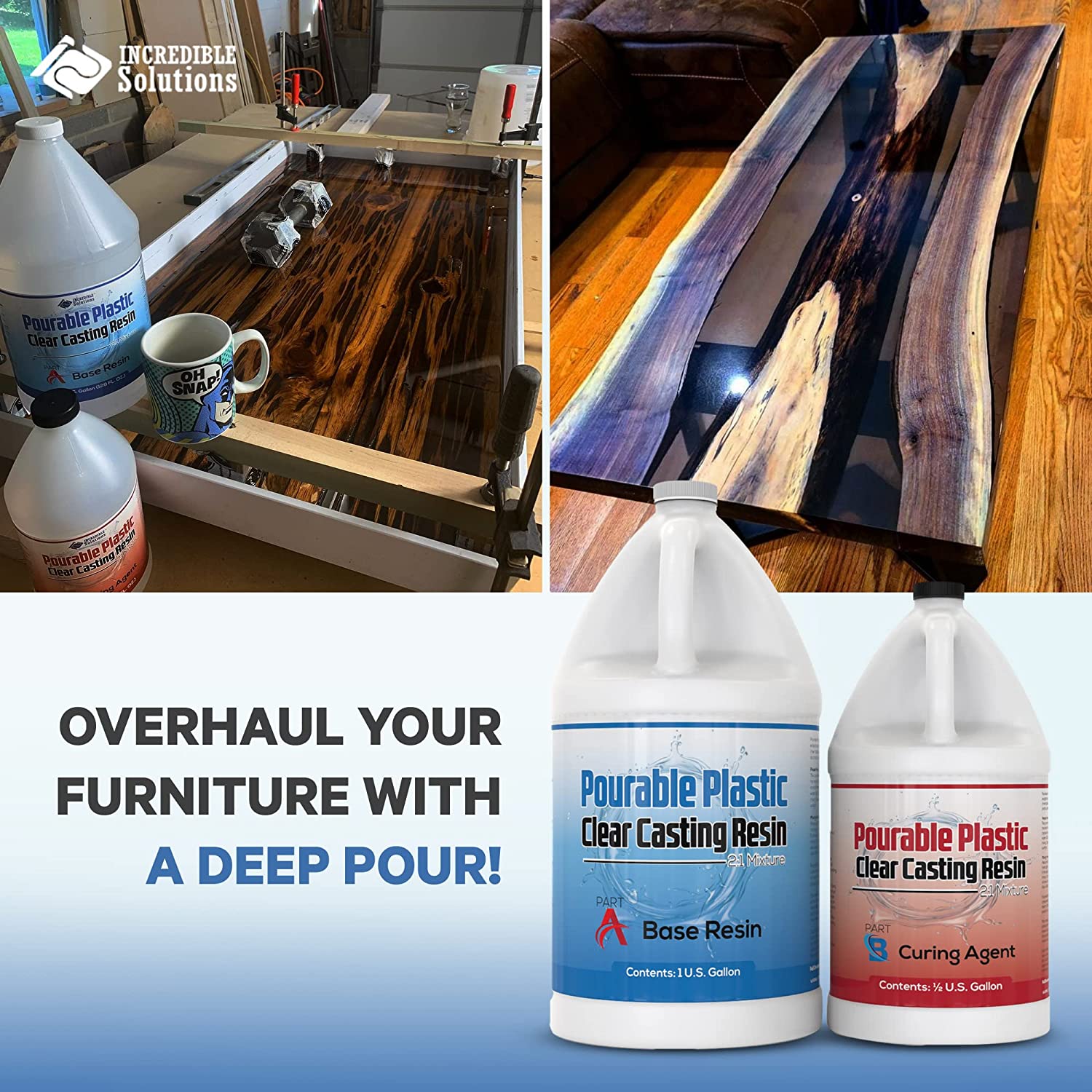 Pourable Plastic Deep Pour Up To 2" Thick USA Manufactured Clear Casting Resin 1.5 Gallons Kit Perfect For River Tables &amp; Castings – Low Odor Epoxy, a 2:1 Ratio image 1