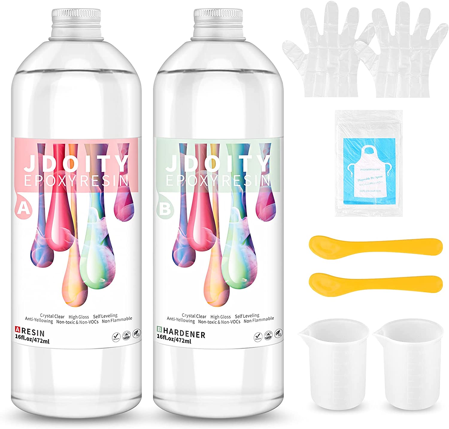 32oz Crystal Clear Epoxy Resin Kits Casting and Coating for Art, Jewelry, DIY, Craft by 1:1 Ratio with Silicone Measuring Cups, Stir Sticks, Gloves and Apron image 0