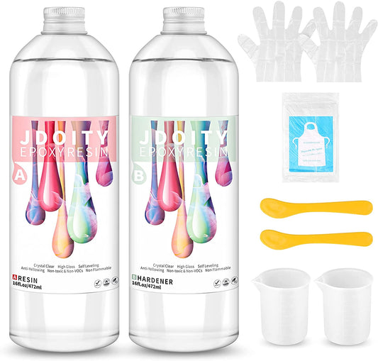 32oz Crystal Clear Epoxy Resin Kits Casting and Coating for Art, Jewelry, DIY, Craft by 1:1 Ratio with Silicone Measuring Cups, Stir Sticks, Gloves and Apron image 0