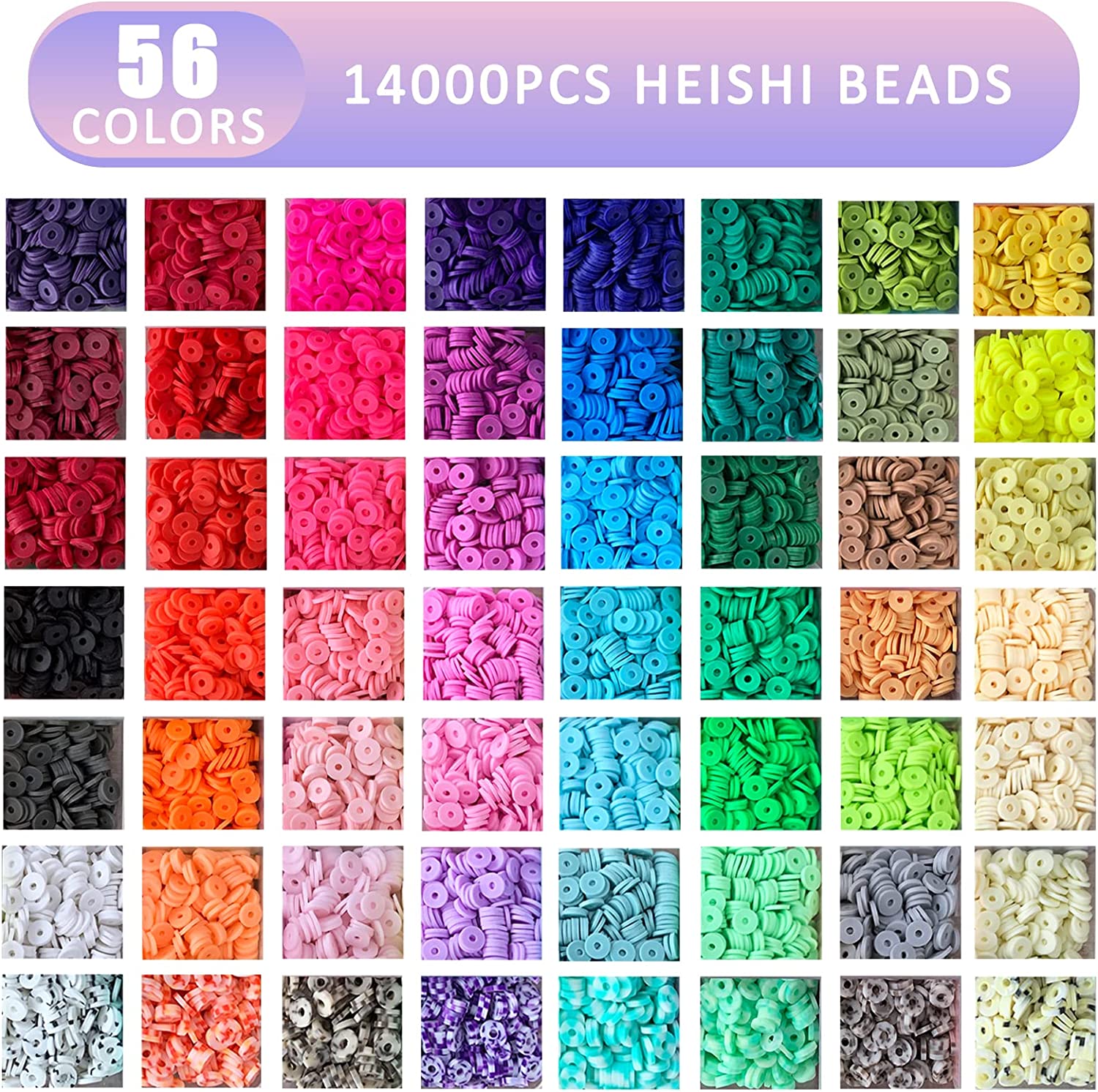 14600pcs Clay Beads for Bracelets Making Kit, 56 Colors Polymer Heishi Flat Clay Beads Charms for Jewelry Earring Making Kit Smiley Face Letter Beads with Necklace Strings Stuff Gift for Girls 6-12 image 1