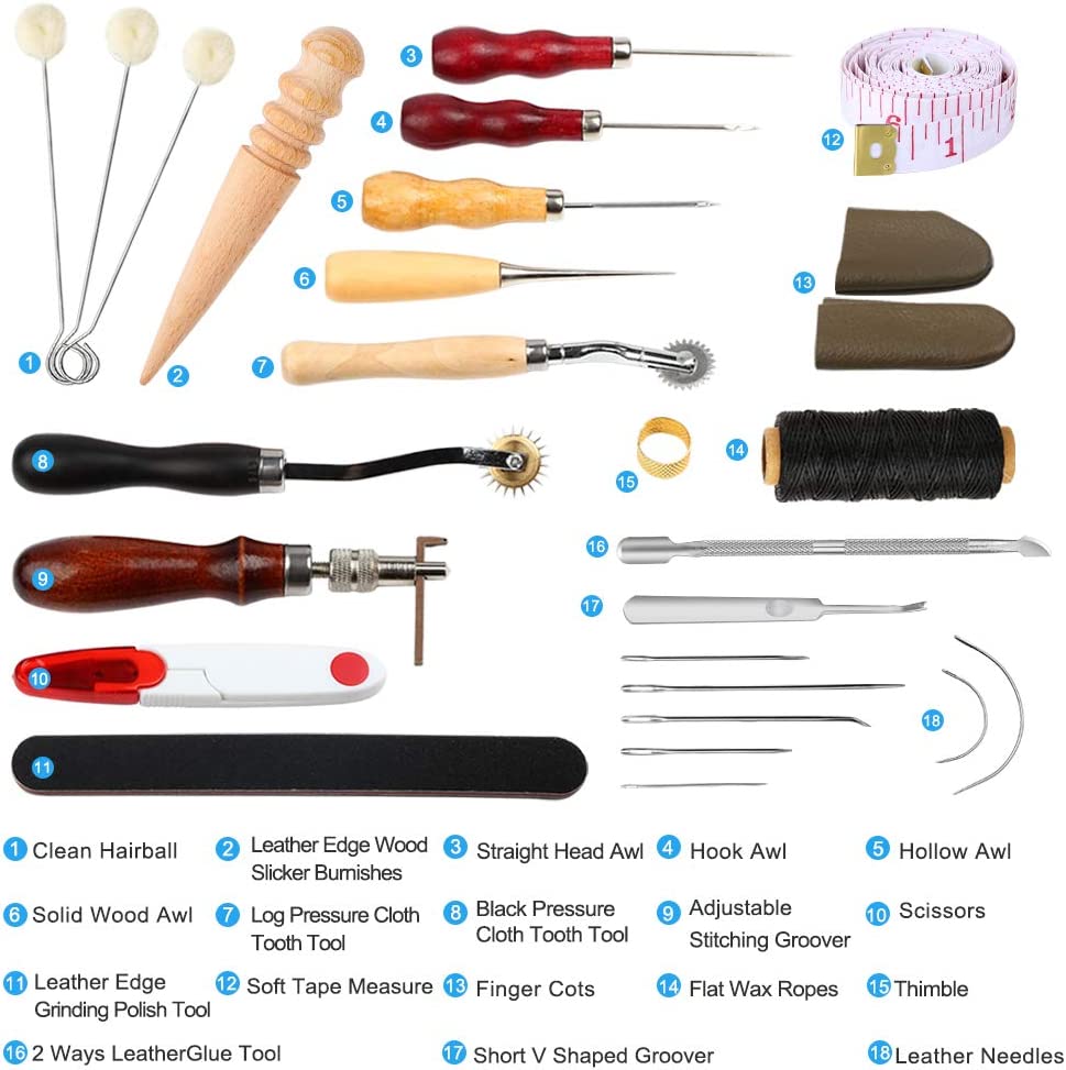 ELECTOP 31 Pcs Leather Sewing Tools DIY Leather Craft Tools Hand Stitching Tool Set with Groover Awl Waxed Thread Thimble Kit image 1