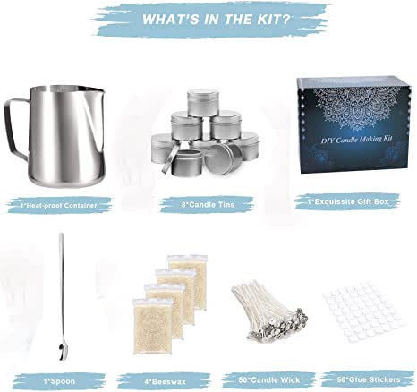 TEPENAR Candle Making Kit Supplies – Beewax Candle Craft Tools Including Heat-Proof Container, 8 Candle Jars, Clips, Spoon, Stickers, Wicks and Beeswax image 1