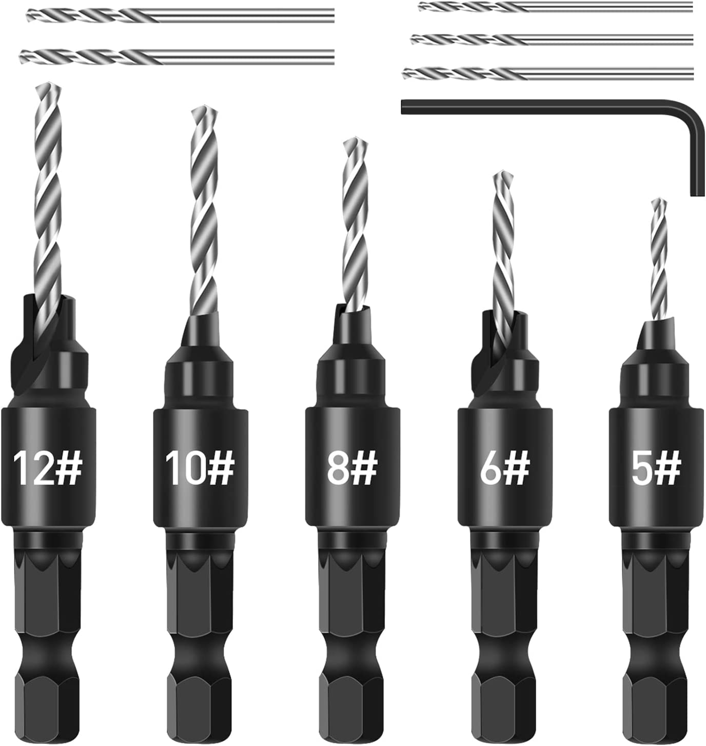 Countersink Drill Bit Set, 5Pcs Quick Change 1/4" Hex Shank Adjustable Countersink Set, 5pcs Free Replaceable Drill Bits with One Hex Wrench, Woodworking Countersink Drill Bits image 0
