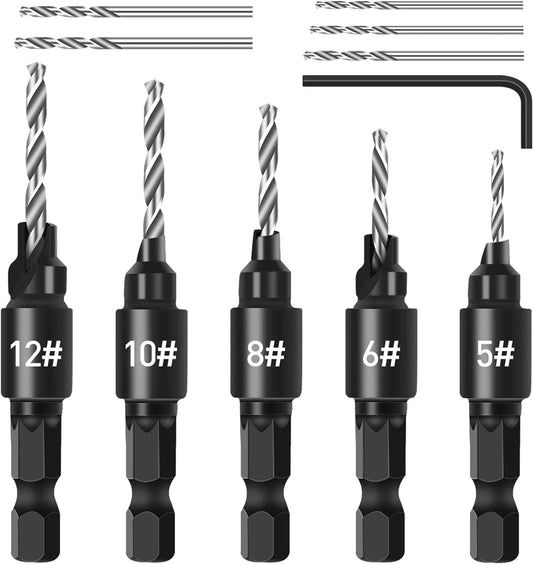 Countersink Drill Bit Set, 5Pcs Quick Change 1/4" Hex Shank Adjustable Countersink Set, 5pcs Free Replaceable Drill Bits with One Hex Wrench, Woodworking Countersink Drill Bits image 0