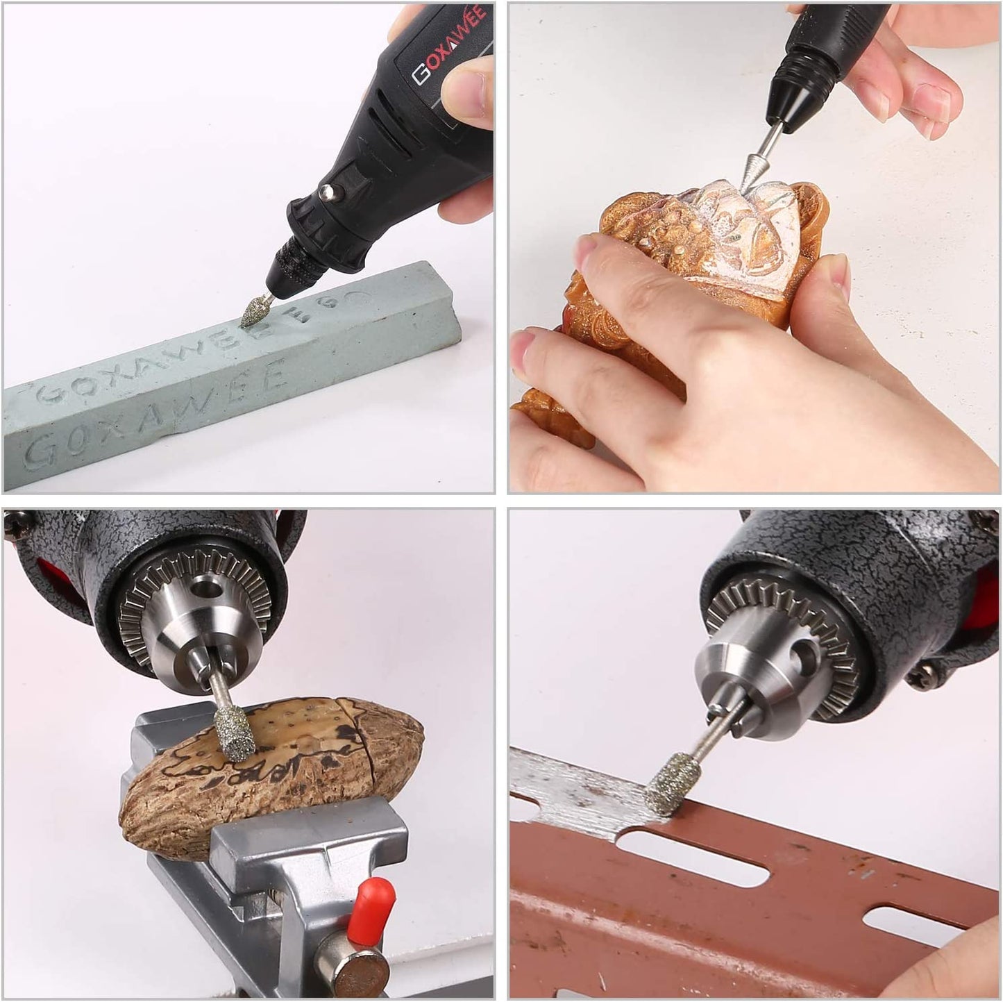 60 Grit 20Pcs 𝗗𝗶𝗮𝗺𝗼𝗻𝗱 𝗕𝘂𝗿𝗿 𝗦𝗲𝘁 - GOXAWEE Rotary Grinding Burrs Engraving Bits Set with 1/8-inch Shank, Diamond-Coated Stone Carving Accessories Bit Universal Fitment for Rotary Tools image 6