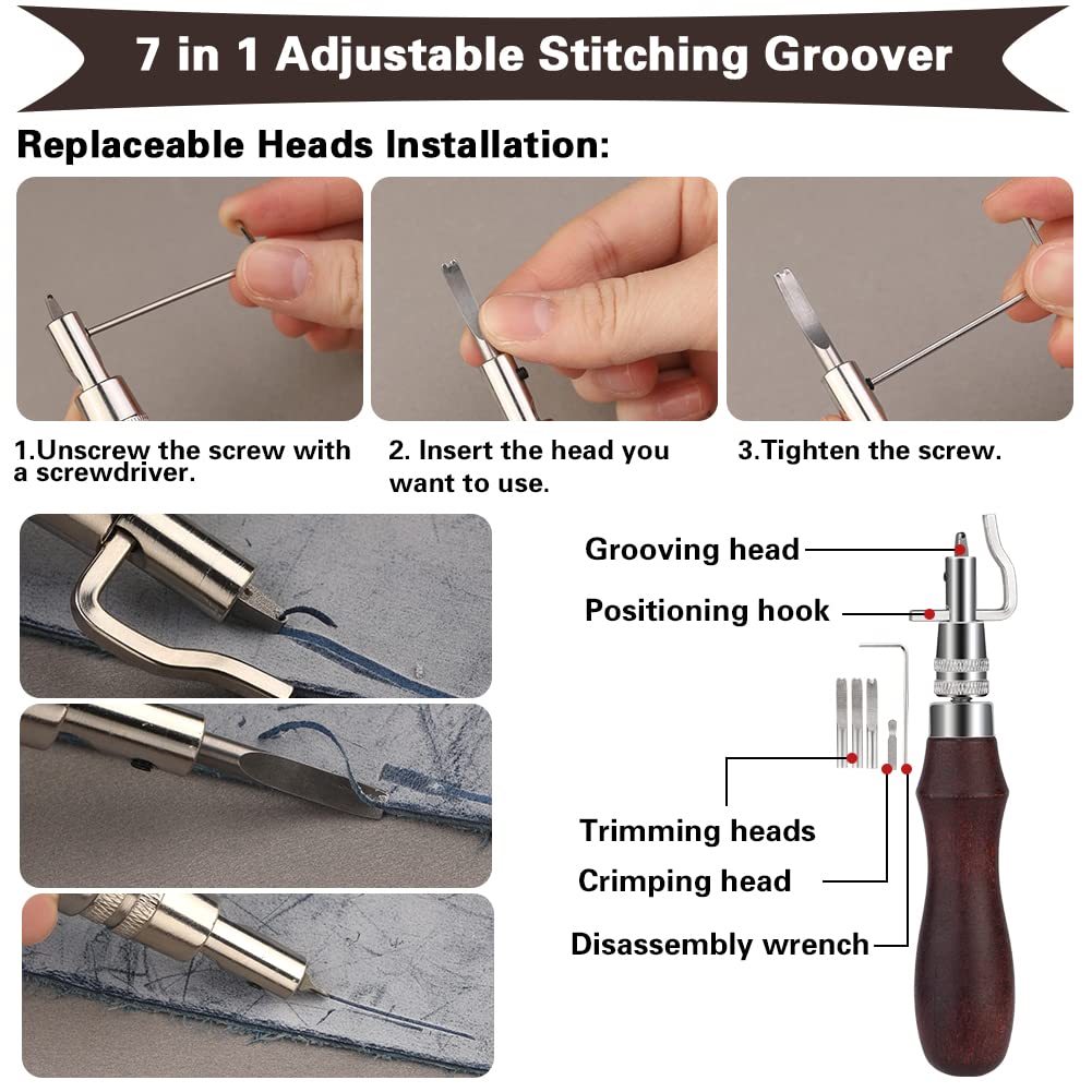 Leather Sewing Kit Leather Craft Tools Leather Craft Making Leather Sewing Tools Kit for DIY Sewing Craft Projects with Custom Storage Bag Adjustable Groover Stitch Wheel Waxed Threads image 4
