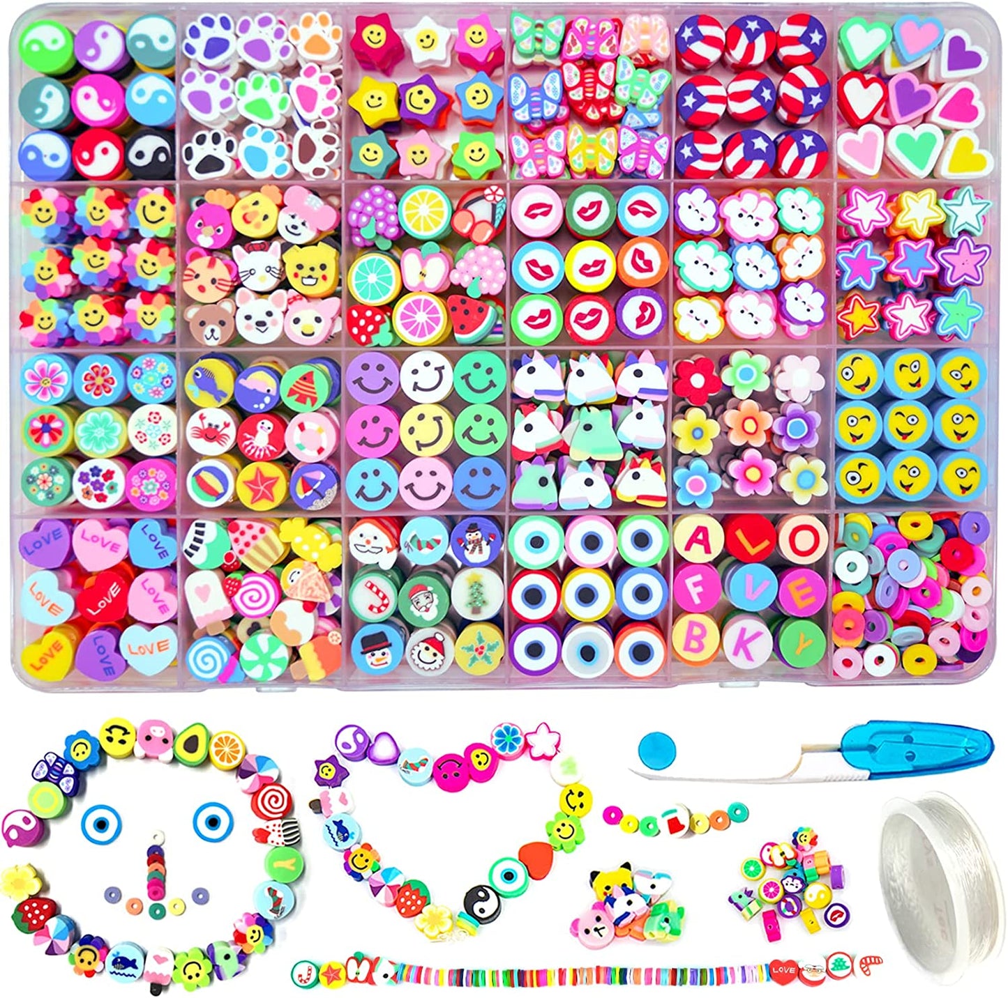 666PCS Flower Smiley Polymer Clay Beads Charms 24 Styles Cool Fun Cute Preppy Beads for Jewelry Making Girls Indie Aesthetic Beads DIY Bracelet Accessories Kit 5m Crystal Elastic String for Kids image 0