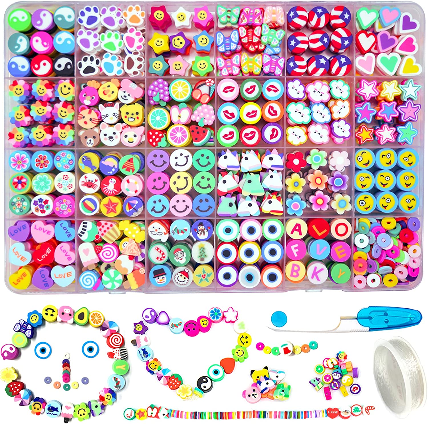 666PCS Flower Smiley Polymer Clay Beads Charms 24 Styles Cool Fun Cute Preppy Beads for Jewelry Making Girls Indie Aesthetic Beads DIY Bracelet Accessories Kit 5m Crystal Elastic String for Kids image 0