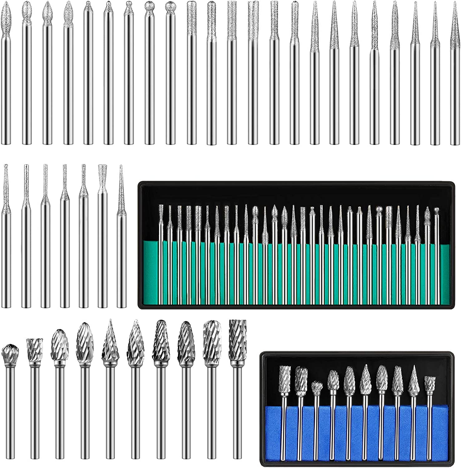 Double Cut Tungsten Carbide Rotary Burr Set 10 Pieces Metal Carving Drilling Polishing Cutter Bits and 30 Pieces Diamond Burr Bits, Rotary Burr Drill Kit for Die Grinder Drill Aluminum Wood Working image 0
